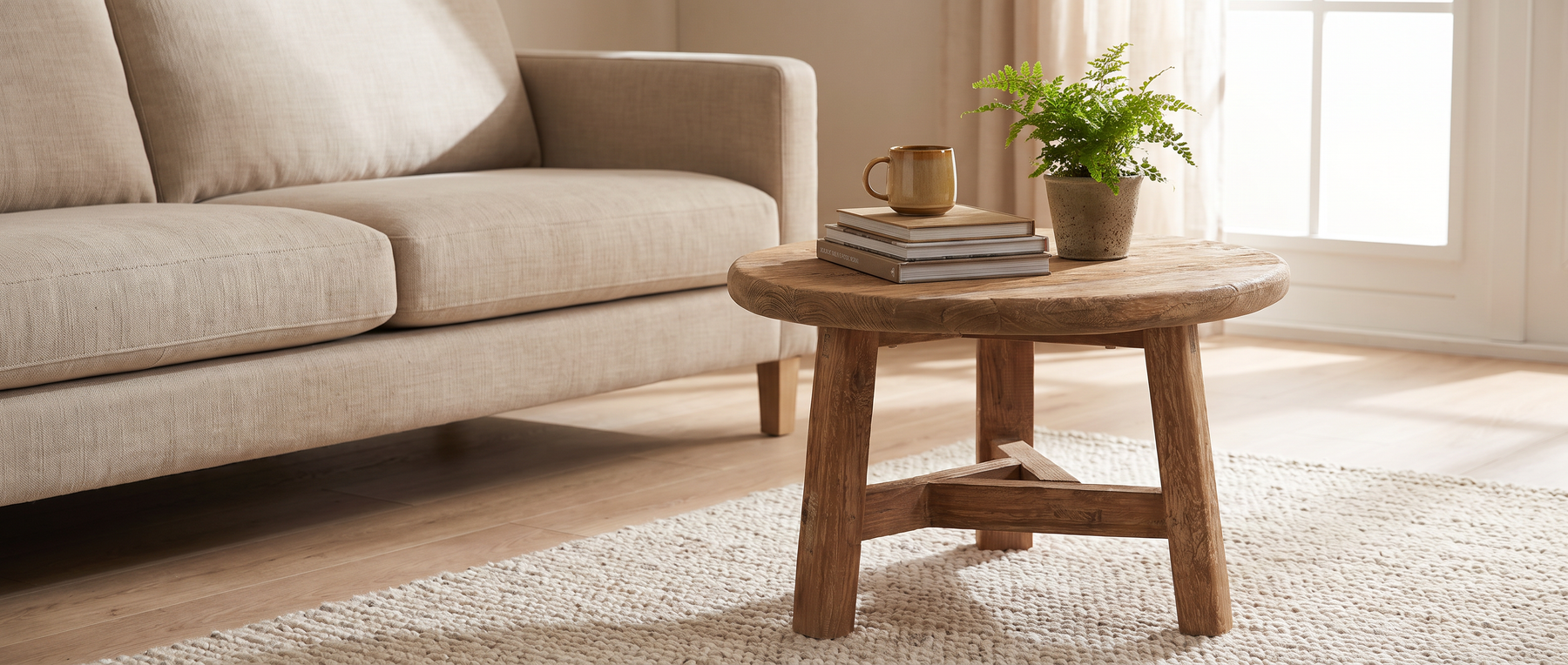Ronde houten salontafel met cirkelpatroon basis naast een beige bank in een lichte woonkamer