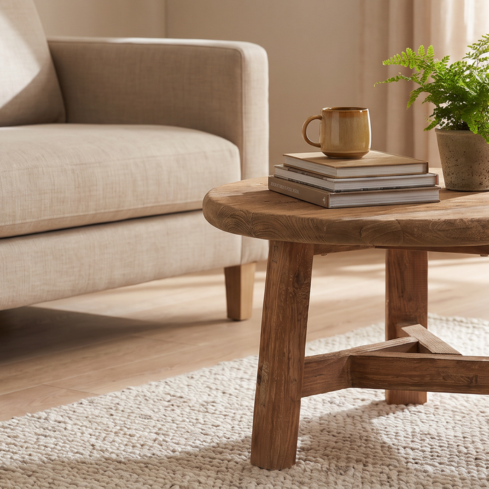 Ronde houten salontafel met cirkelpatroon basis naast een beige bank in een lichte woonkamer