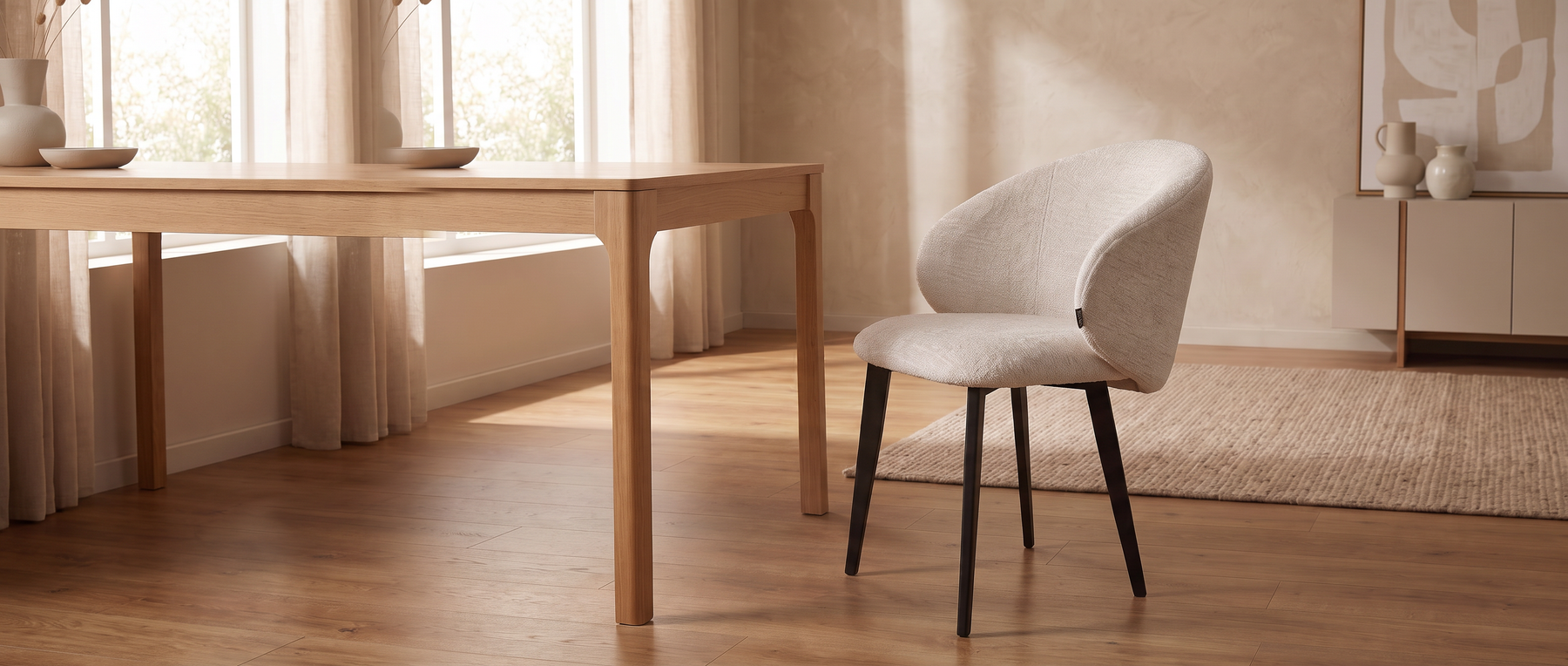Crèmekleurige LABEL51 Logan eetkamerstoel met zwarte poten naast een houten eettafel in een lichte eetkamer