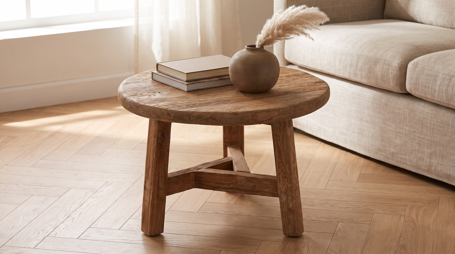 Ronde salontafel van massief teak hout op drie poten in een lichte woonkamer, met boeken en een vaas op het blad naast een linnen bank