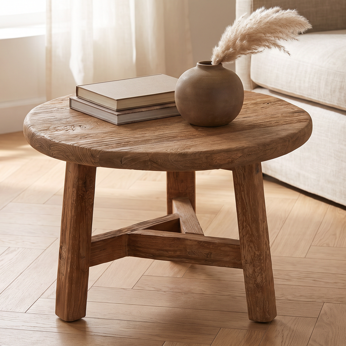 Ronde salontafel van massief teak hout op drie poten in een lichte woonkamer, met boeken en een vaas op het blad naast een linnen bank