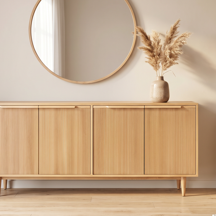Lichte houten dressoir met verticale groefpanelen onder een ronde spiegel in een woonkamer met beige bank