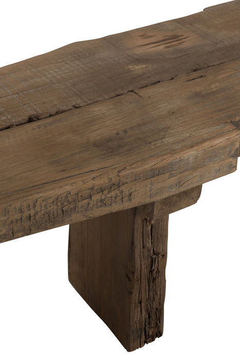 Bruin bankje van gerecycled hout met een robuuste, rustieke uitstraling van 190x38x46 cm.