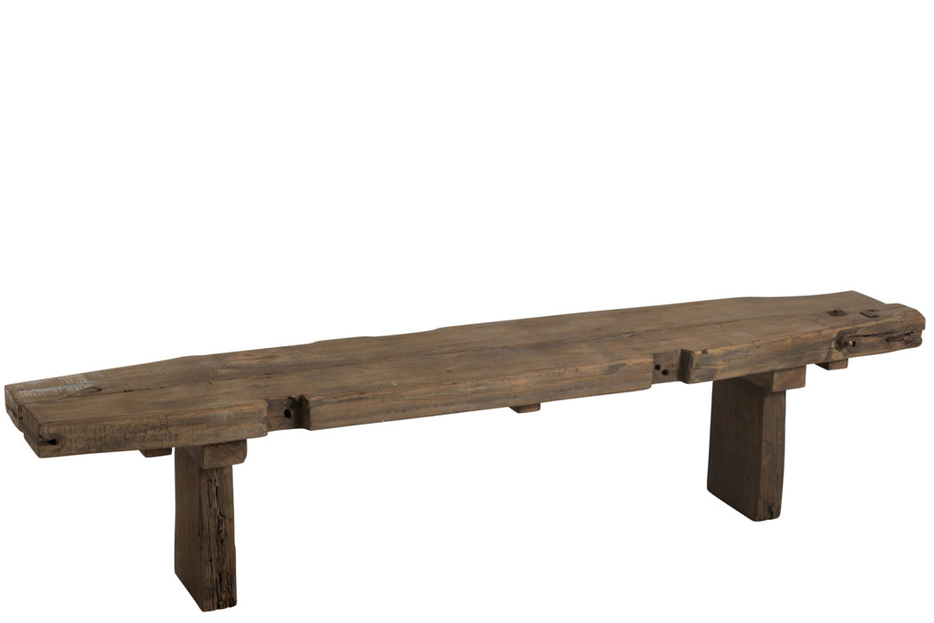 Bruin bankje van gerecycled hout met een robuuste, rustieke uitstraling, afmeting 190x38x46 cm.