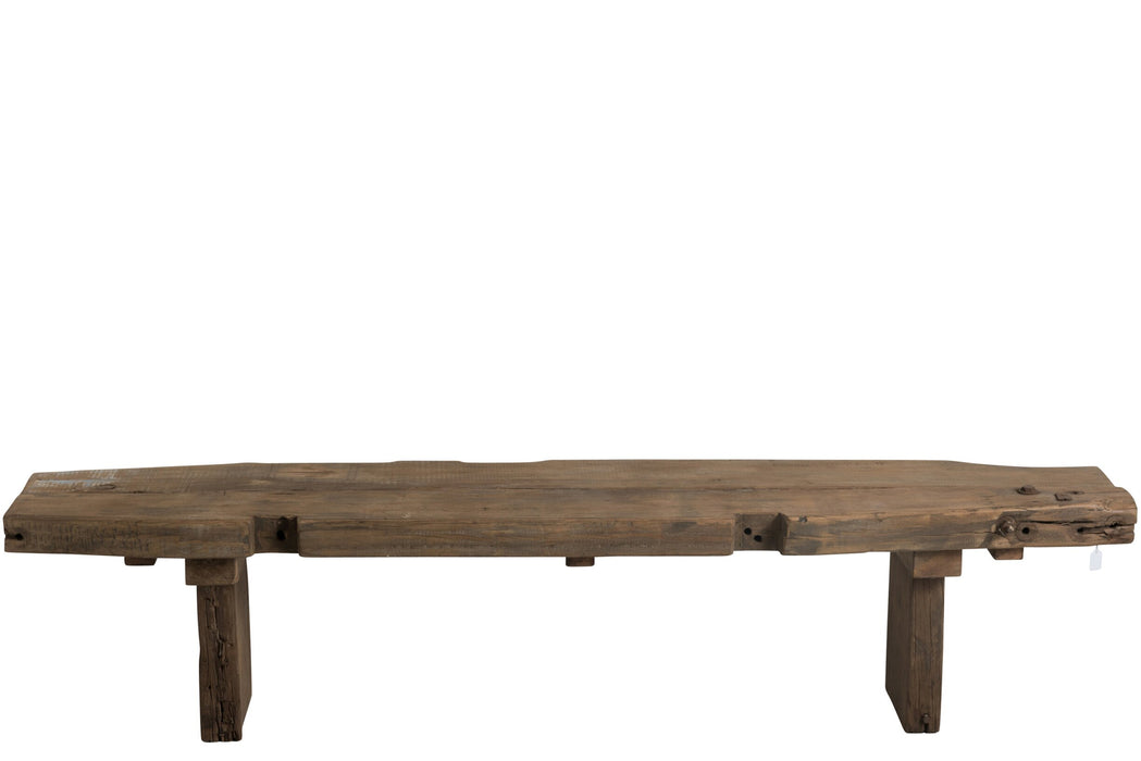 Rustiek bruin bankje van gerecycled hout, 190 cm lang, met een robuuste en natuurlijke uitstraling.