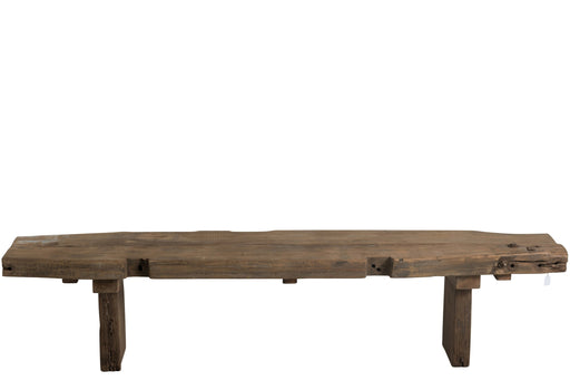 Rustiek bruin bankje van gerecycled hout, 190 cm lang, met een robuuste en natuurlijke uitstraling.
