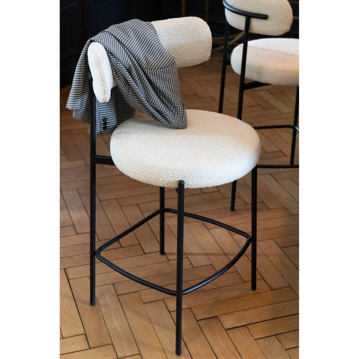 Barkruk Bar Stoel Bouclé Plywood/Polyester Wit/Zwart-Barkrukken-J-Line