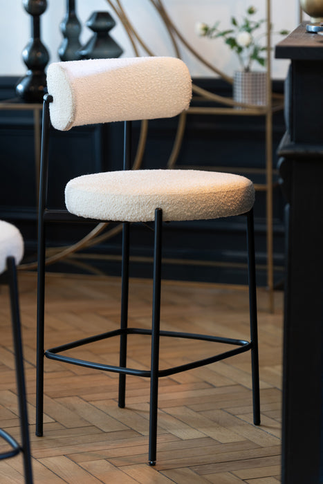 Barkruk Bar Stoel Bouclé Plywood/Polyester Wit/Zwart-Barkrukken-J-Line