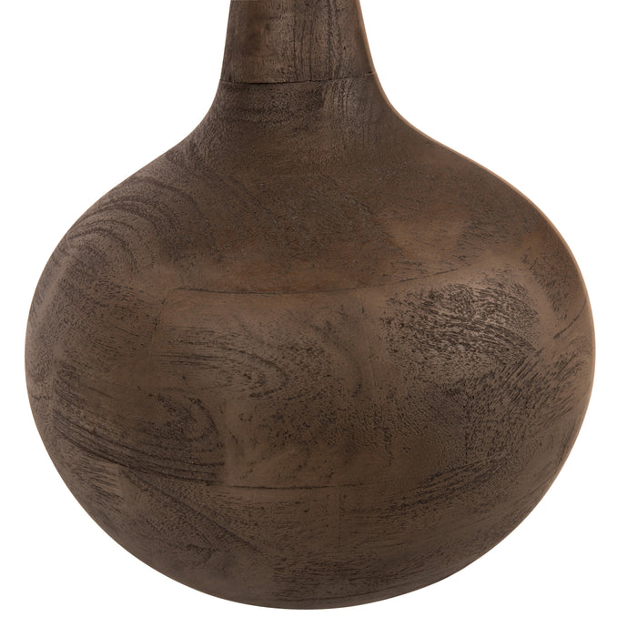 Ronde grijze bijzettafel van mangohout met een natuurlijke houtnerf en een organisch, bolvormig design van 55 cm.