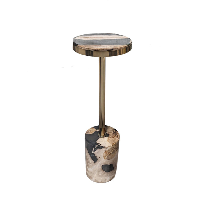 PTMD Mody bijzettafel van zwart versteend hout met een rond blad en slanke metalen voet.