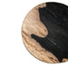 Rond tafelblad van zwart versteend hout met zichtbare natuurlijke houtnerf en textuur.