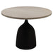 Beige ronde bijzettafel Patras van 60 cm met een natuurstenen blad en een zwarte, kegelvormige voet.
