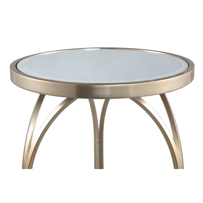 Ronde goudkleurige bijzettafel Rikka van PTMD met een ijzeren frame en glazen blad, 40 cm diameter.