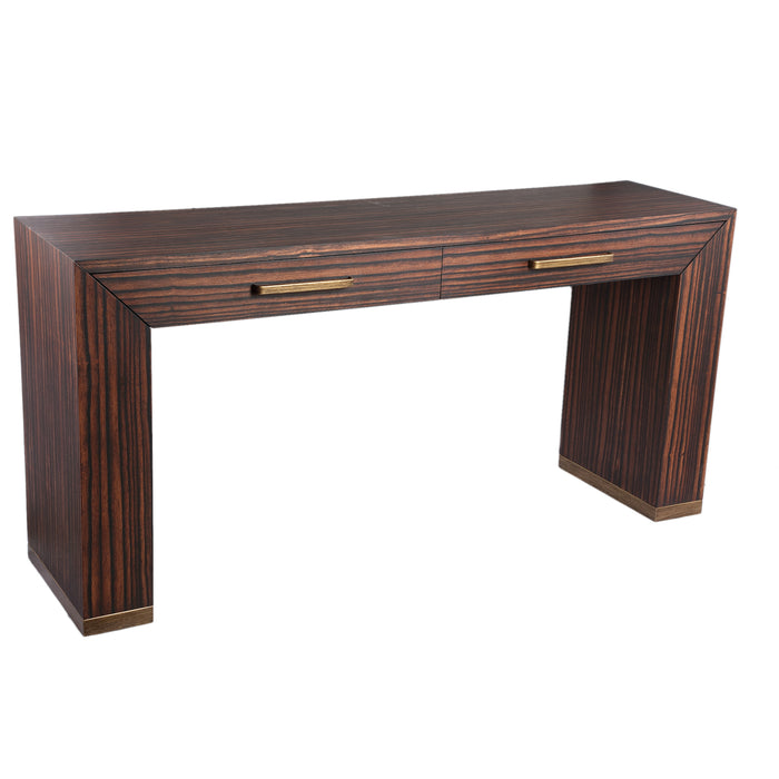 Bruine PTMD Tiess bijzettafel van houtfineer met zichtbare houtnerf, twee lades en gouden accenten, 45x165 cm.
