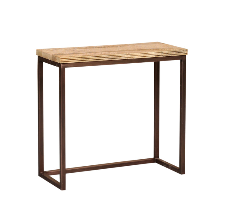 Rechthoekige PTMD bijzettafel Zoah van 29x70 cm met bruin mangohouten blad en koperkleurig metalen frame.