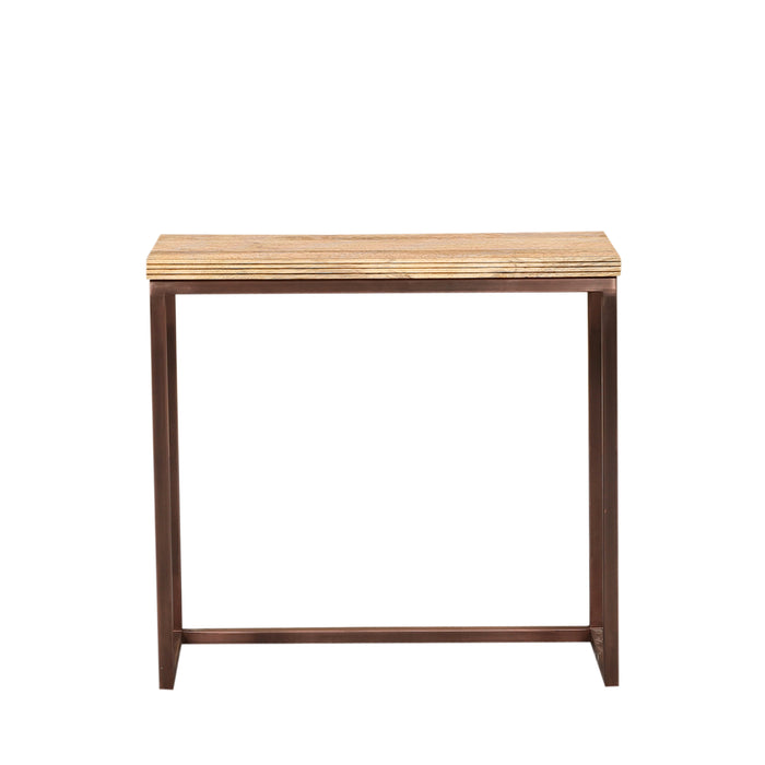 Rechthoekige PTMD bijzettafel Zoah van 29x70 cm met een bruin mangohouten blad en een koperkleurig metalen frame.