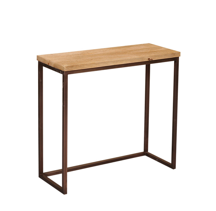 Rechthoekige PTMD Zoah bijzettafel van 29x70 cm met een mangohouten blad en een koperkleurig metalen frame.