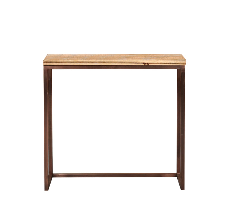 Rechthoekige PTMD bijzettafel Zoah van 29x70 cm met een bruin mangohouten blad en een koperkleurig metalen frame.