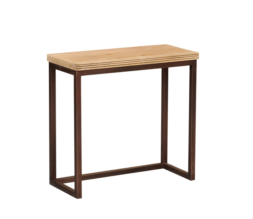 Rechthoekige PTMD bijzettafel Zoah van 29x70 cm met een bruin mangohouten blad en een koperkleurig metalen frame.