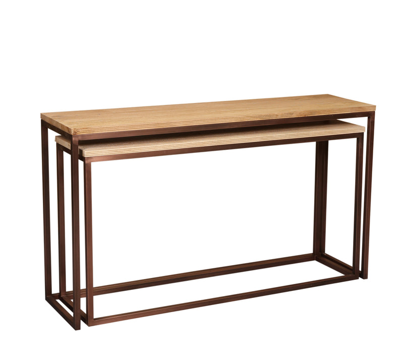 Rechthoekige PTMD Zoah bijzettafel van mangohout met een koperkleurig metalen frame, 41x149 cm.