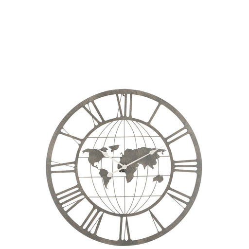 Clock Roman Numerals World Map Metal Grey-Klokken-J-Line