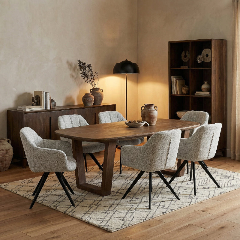Dinningroom with a table and 6 chairs with matching sideboard and shelves