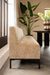 Beige gestoffeerde Xania eetkamerbank van 200 cm met slank zwart metalen onderstel in een modern interieur.