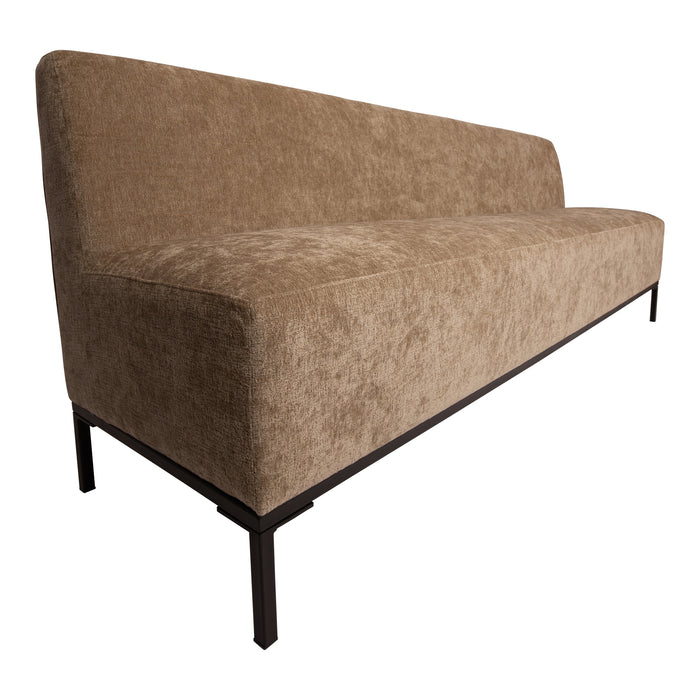 Bruine Xania eetkamerbank van 240 cm met gestoffeerde zitting en slank zwart metalen onderstel.
