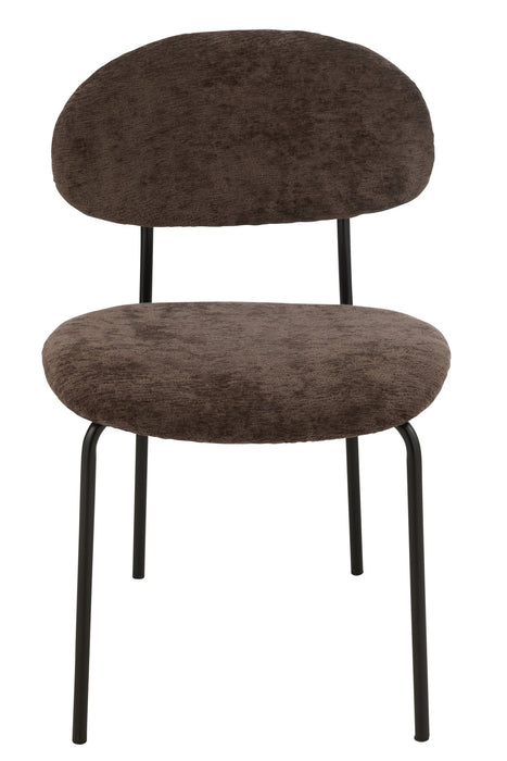 Bruine eetkamerstoel met textiel bekleding en slank zwart metalen onderstel, 55x51x82 cm.