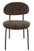 Bruine eetkamerstoel met textiel bekleding en slank zwart metalen onderstel, 55x51x82 cm.