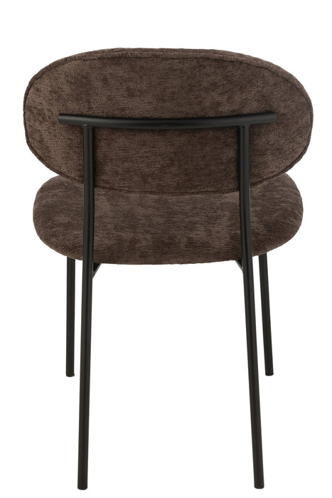 Bruine eetkamerstoel van textiel met een rond rugkussen en slank zwart metalen frame, afmeting 55x51x82 cm.