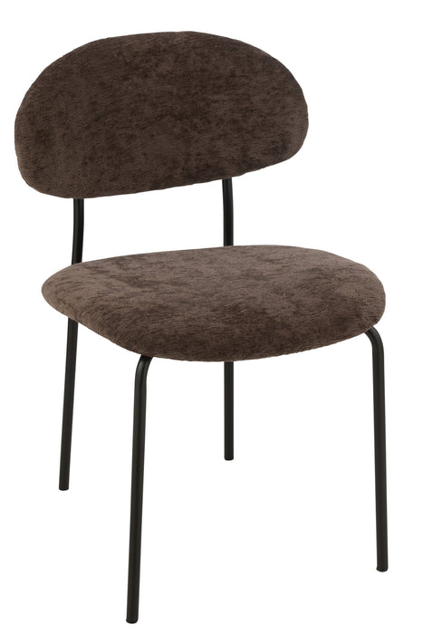 Bruine eetkamerstoel van textiel met een rond rugkussen en slank zwart metalen frame, 55x51x82 cm.