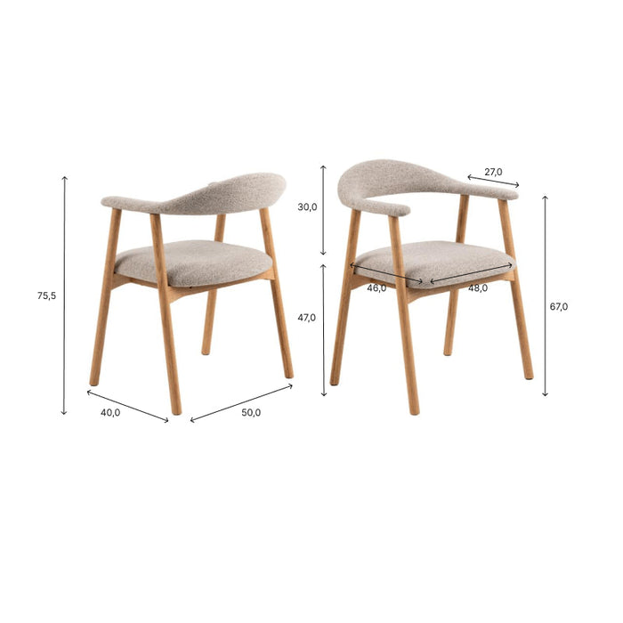 Eetkamerstoel Ella Met Arm S/2-56x54x76-Grijs/White Pigmented-Stof/Eiken-Eetkamerstoelen-HSM Collection