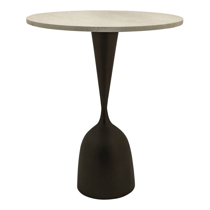 Ronde eettafel Patras van 65 cm met beige natuursteen blad en een slanke, zwarte voet.