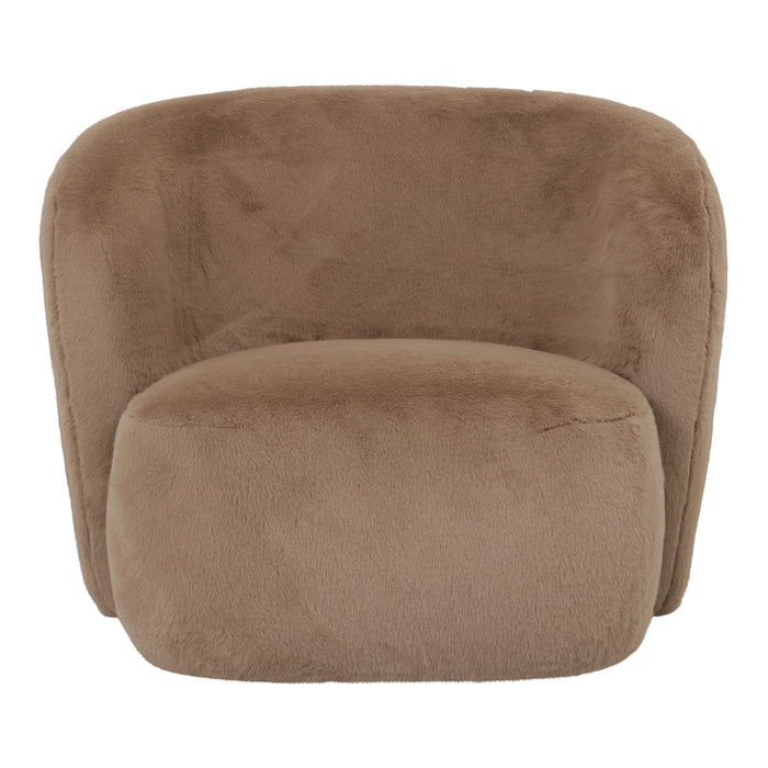 Mocca bruine fauteuil van PTMD met zachte, bontachtige polyester bekleding en een modern, rond design.