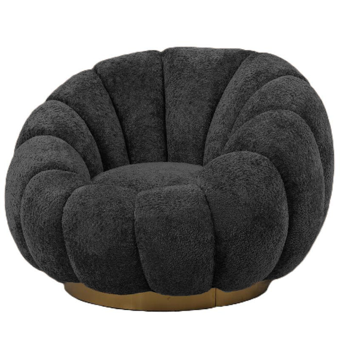 Antracietgrijze fauteuil Daisy met bloemvormige kuip en goudkleurig metalen onderstel.