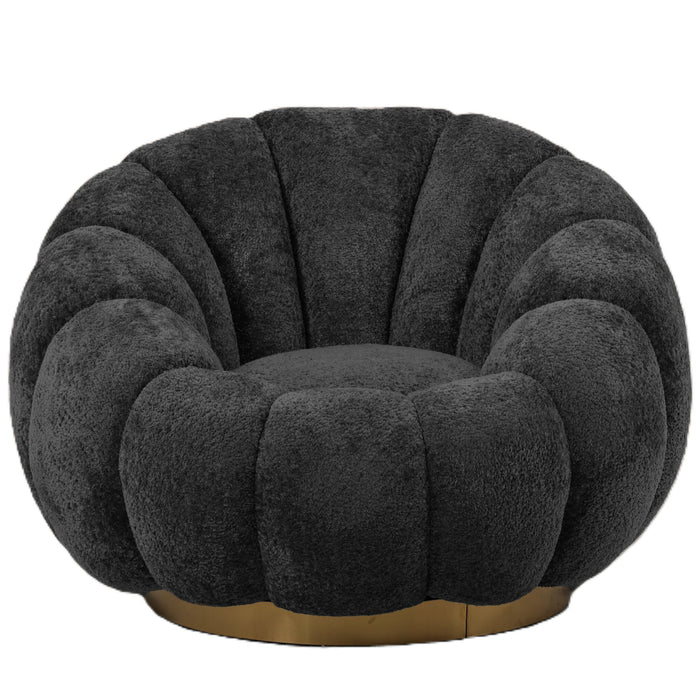 Antracietkleurige fauteuil Daisy met bloemvormige kuip, zachte polyester bekleding en een goudkleurig metalen onderstel.