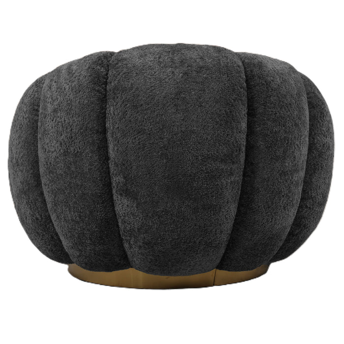 Antracietkleurige Daisy fauteuil met bloemvormige kuip, zachte polyester bekleding en een goudkleurig metalen onderstel.