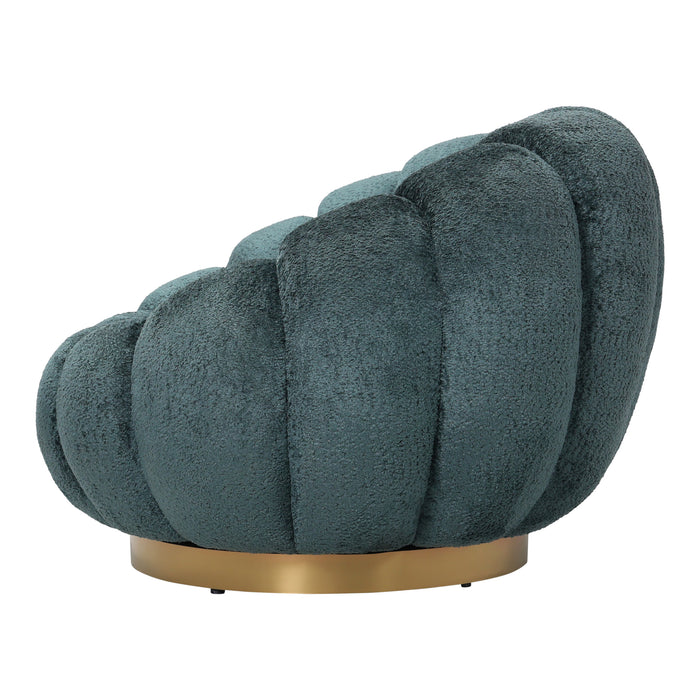 Petrolkleurige fauteuil Daisy met bloemvormige kuip en goudkleurig metalen onderstel.