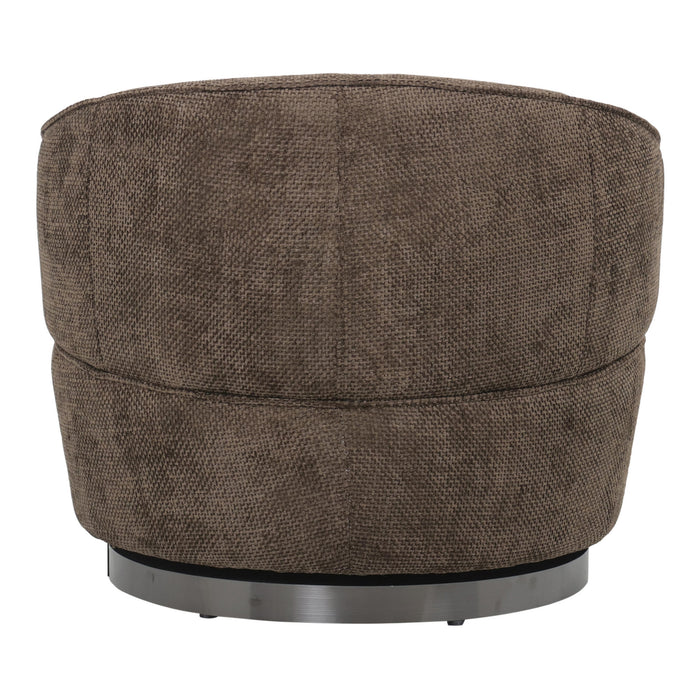 Bruine PTMD Filou fauteuil van geweven polyester met een rond, slank metalen onderstel.