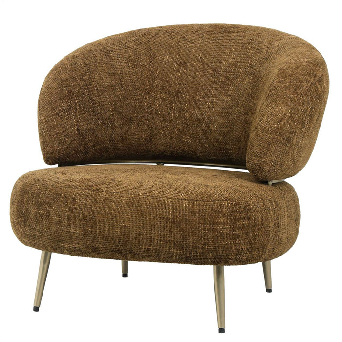 Moderne fauteuil Franklyn in amberkleurig polyester met een slank metalen onderstel.