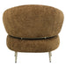 Moderne ronde fauteuil Franklyn in amberkleurig polyester met slank metalen onderstel, achterkant aanzicht.