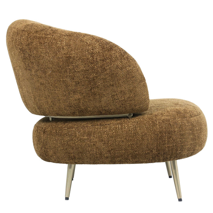 Moderne amberkleurige fauteuil Franklyn met gestructureerde polyester bekleding en slank metalen onderstel.