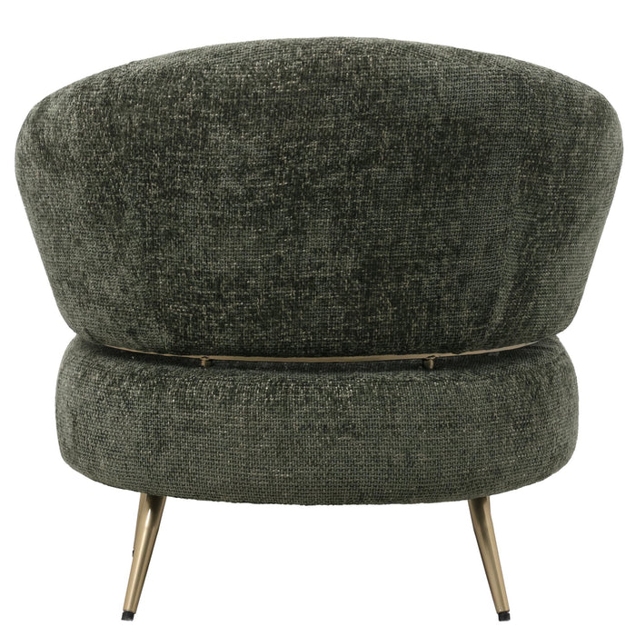 Olijfgroene PTMD Franklyn fauteuil van polyester met een slank metalen onderstel, gezien vanaf de achterzijde.