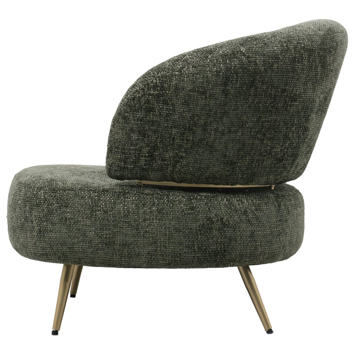 Olijfgroene Franklyn fauteuil met polyester bekleding en slank metalen onderstel.