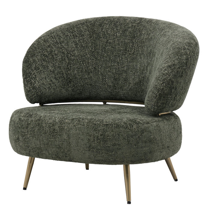 Olijfgroene fauteuil Franklyn van PTMD met polyester bekleding en een slank metalen onderstel.