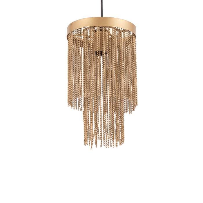 Ronde gouden hanglamp Brenton van PTMD met decoratieve ijzeren kettingen, 30 cm diameter.