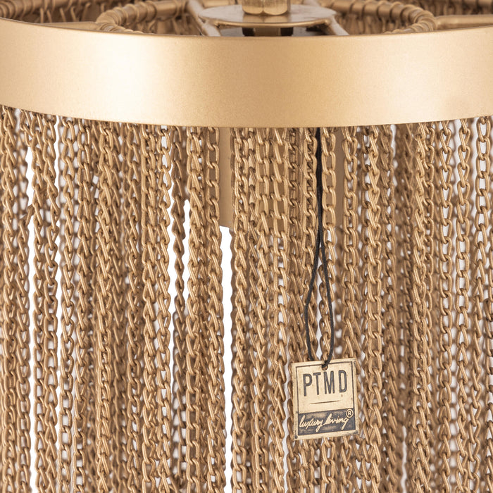 Goudkleurige PTMD hanglamp Brenton van 30 cm met een rond ijzeren armatuur en decoratieve metalen kettingen.