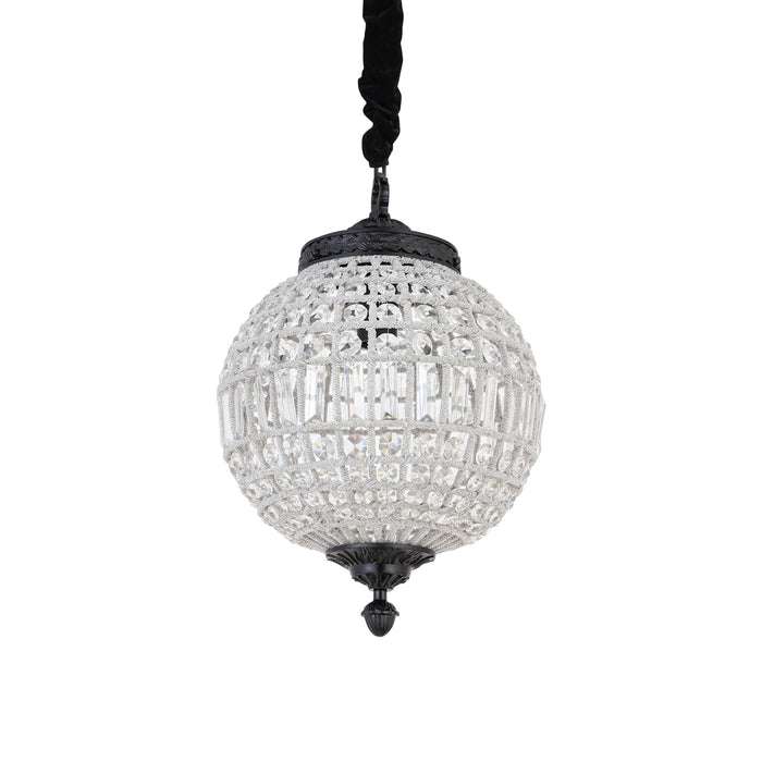 Grijze glazen hanglamp Jaris van 51 cm met decoratieve kristallen details en zwarte accenten.