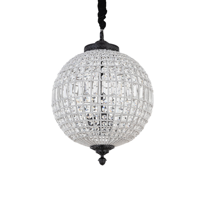Grijze PTMD Jaris hanglamp van 67 cm met een bolvormig ontwerp van fonkelend glas en zwarte details.